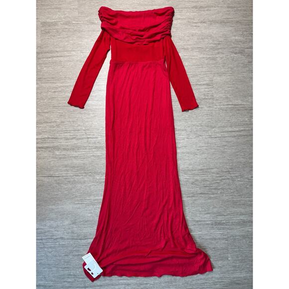 Commense NWT Red Semi-Sheer Off-Shoulder Mesh Long Sleeve Long Dress - Picture 2 of 7
